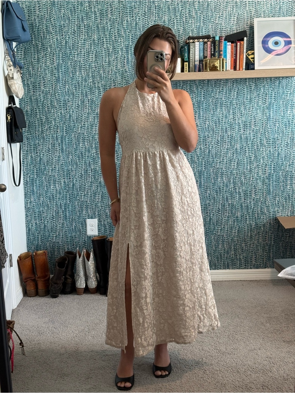 saltwater LUXE Cream Lace Halter Maxi Dress with Front Slit‎